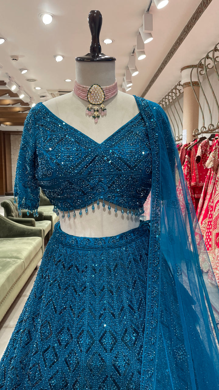 Teal Blue colour Lehenga with sequins work