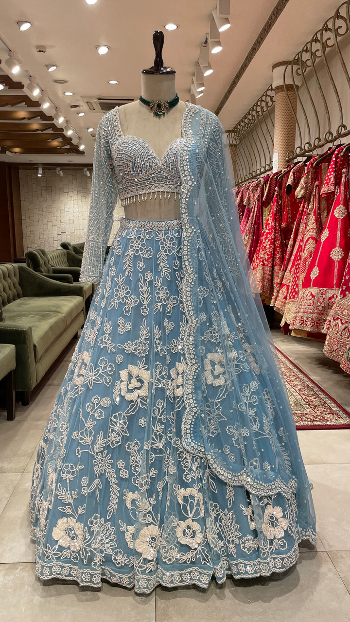 Powder blue Colour lehenga with white sequins work