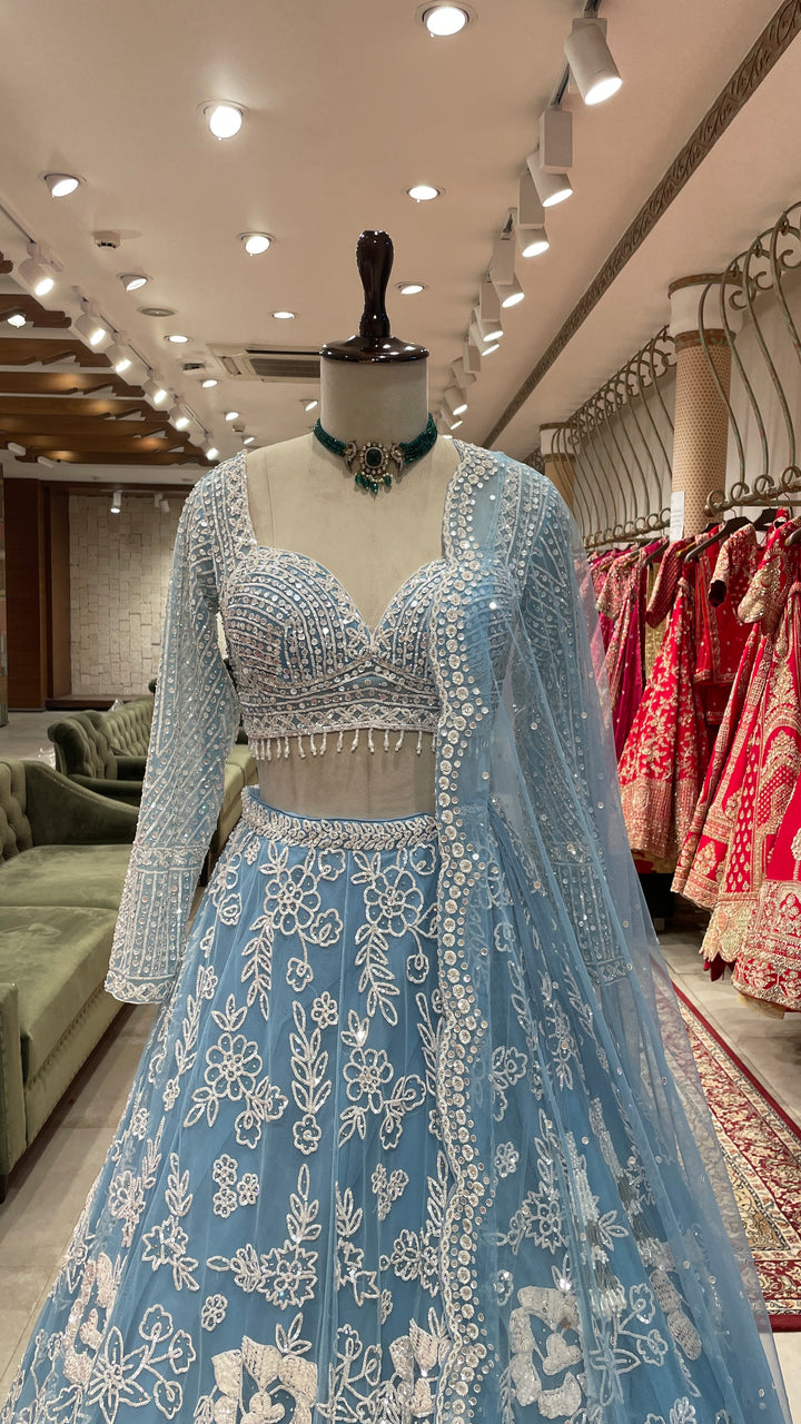 Powder blue Colour lehenga with white sequins work