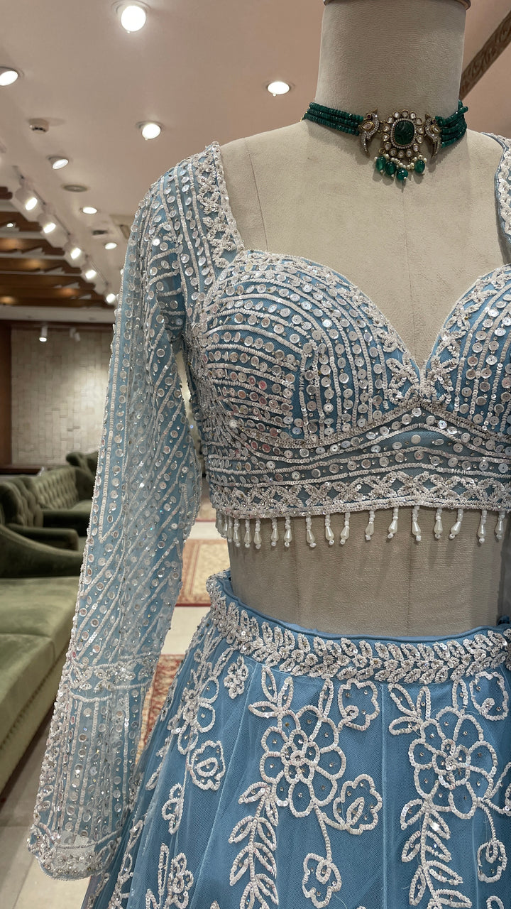 Powder blue Colour lehenga with white sequins work