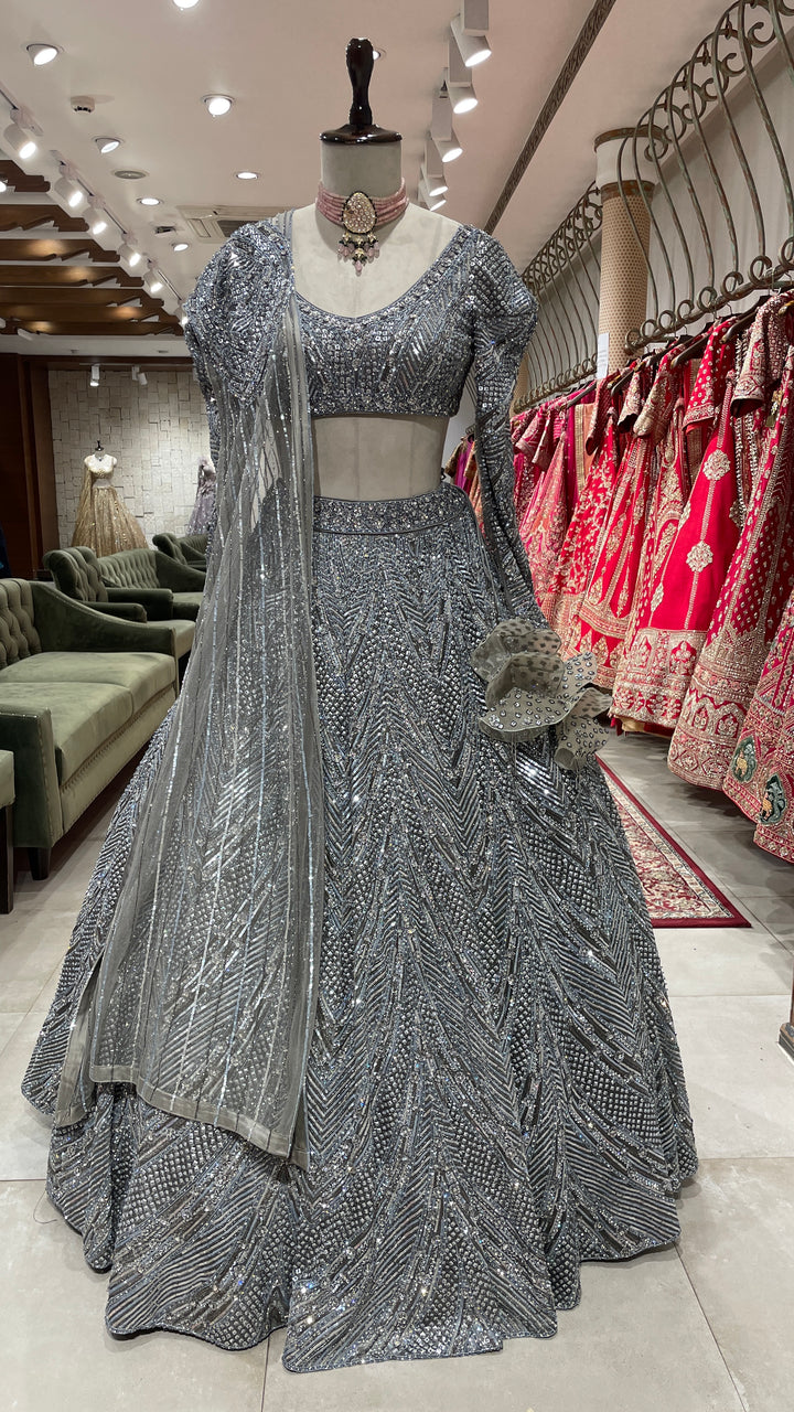 Grey sequins work lehenga