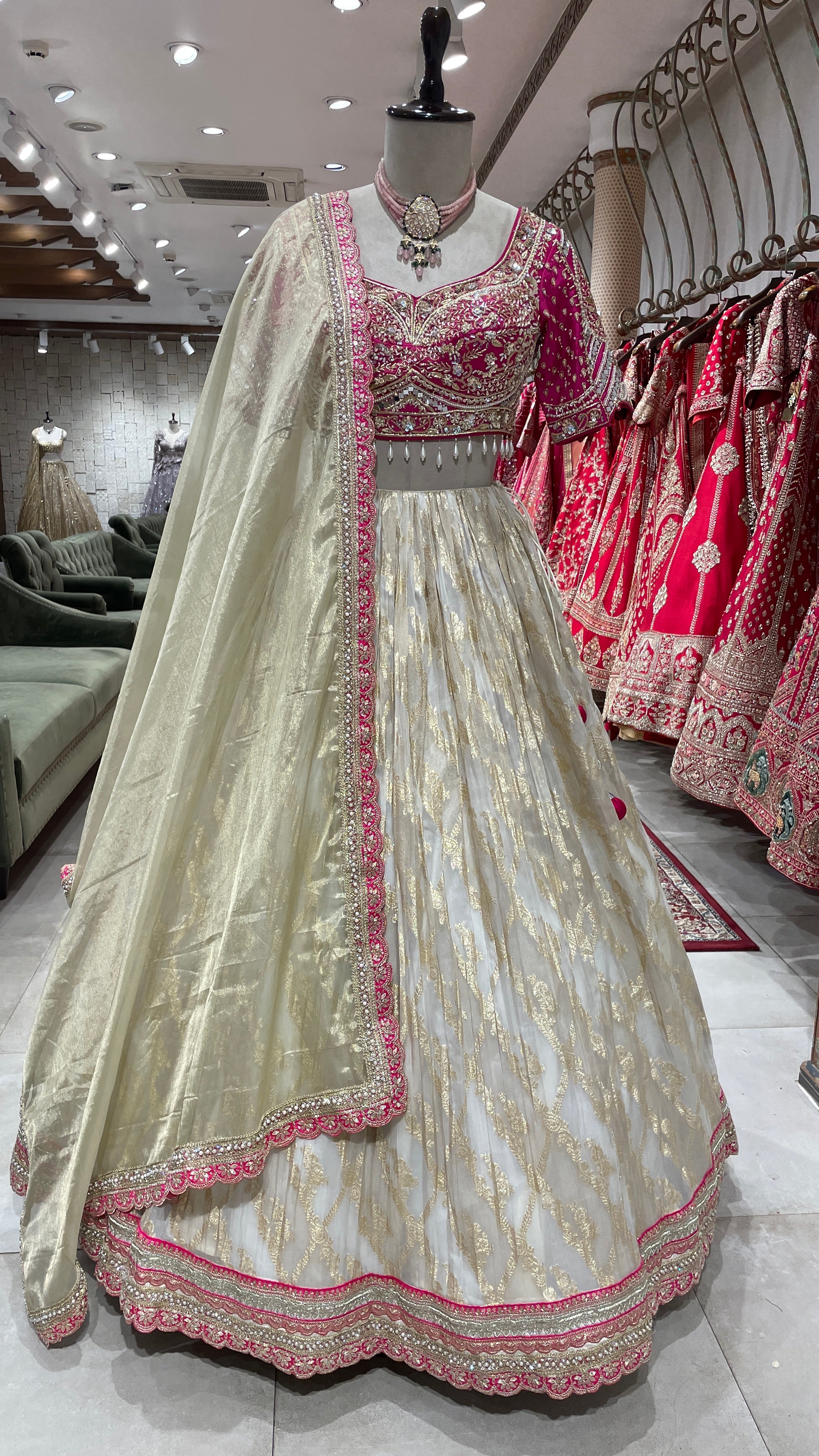 Gold colour lehenga with pink beadwork