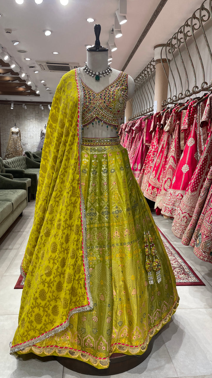 Green Silk Lehenga with thread and mirrorwork