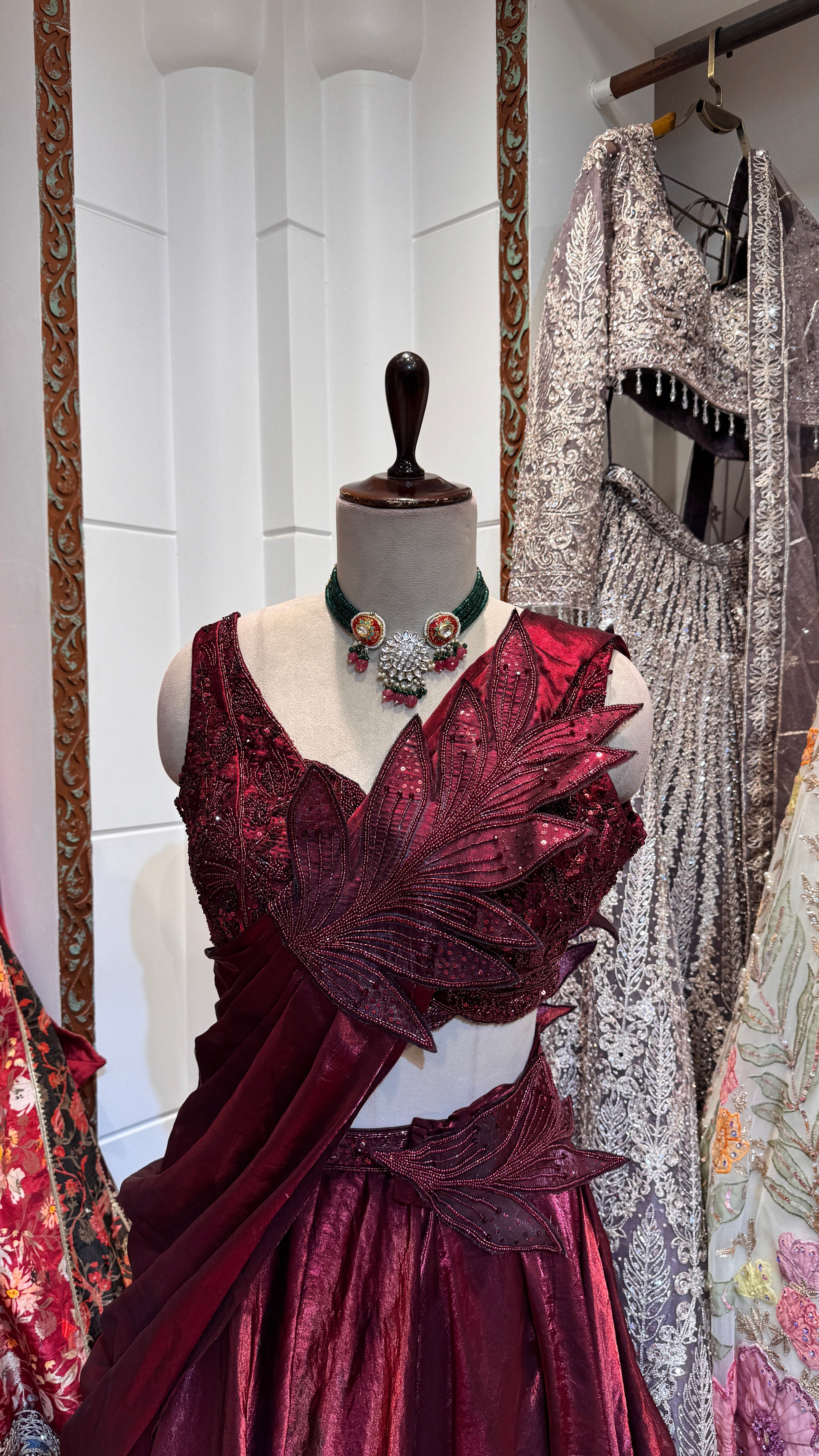 Red saree style lehenga