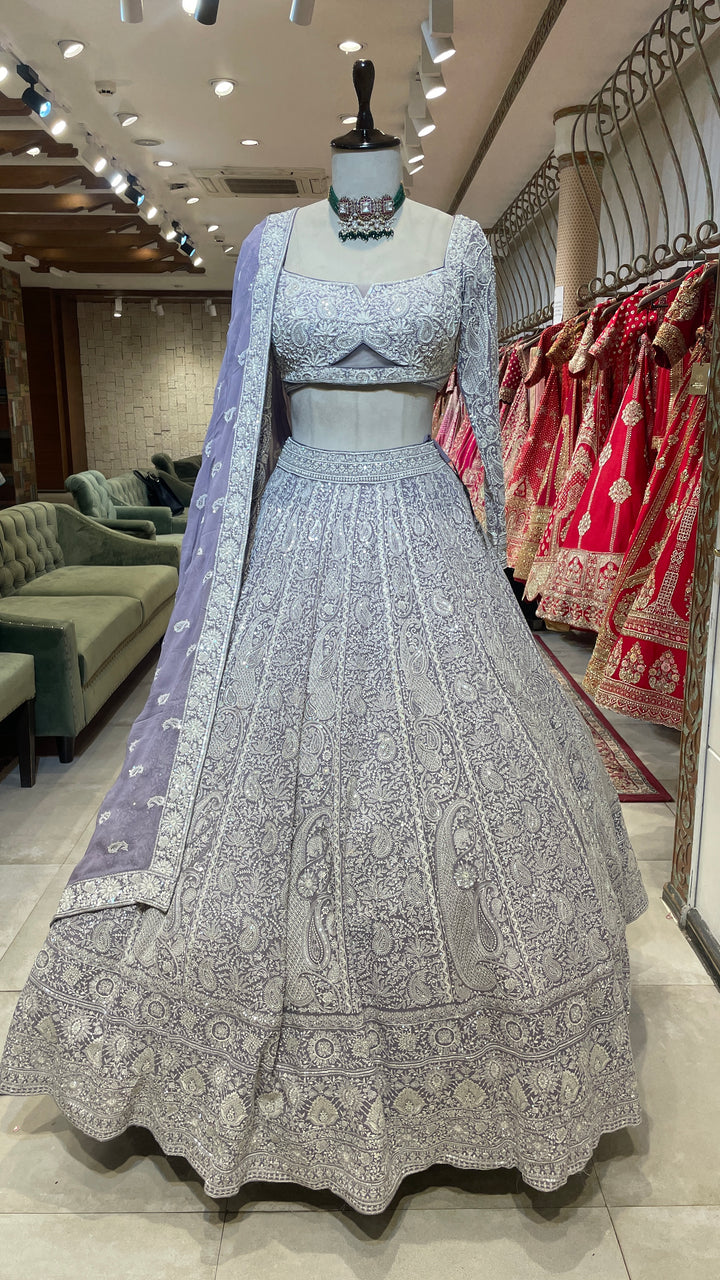 Lavender Georgette chikankari lehenga with paisley buti