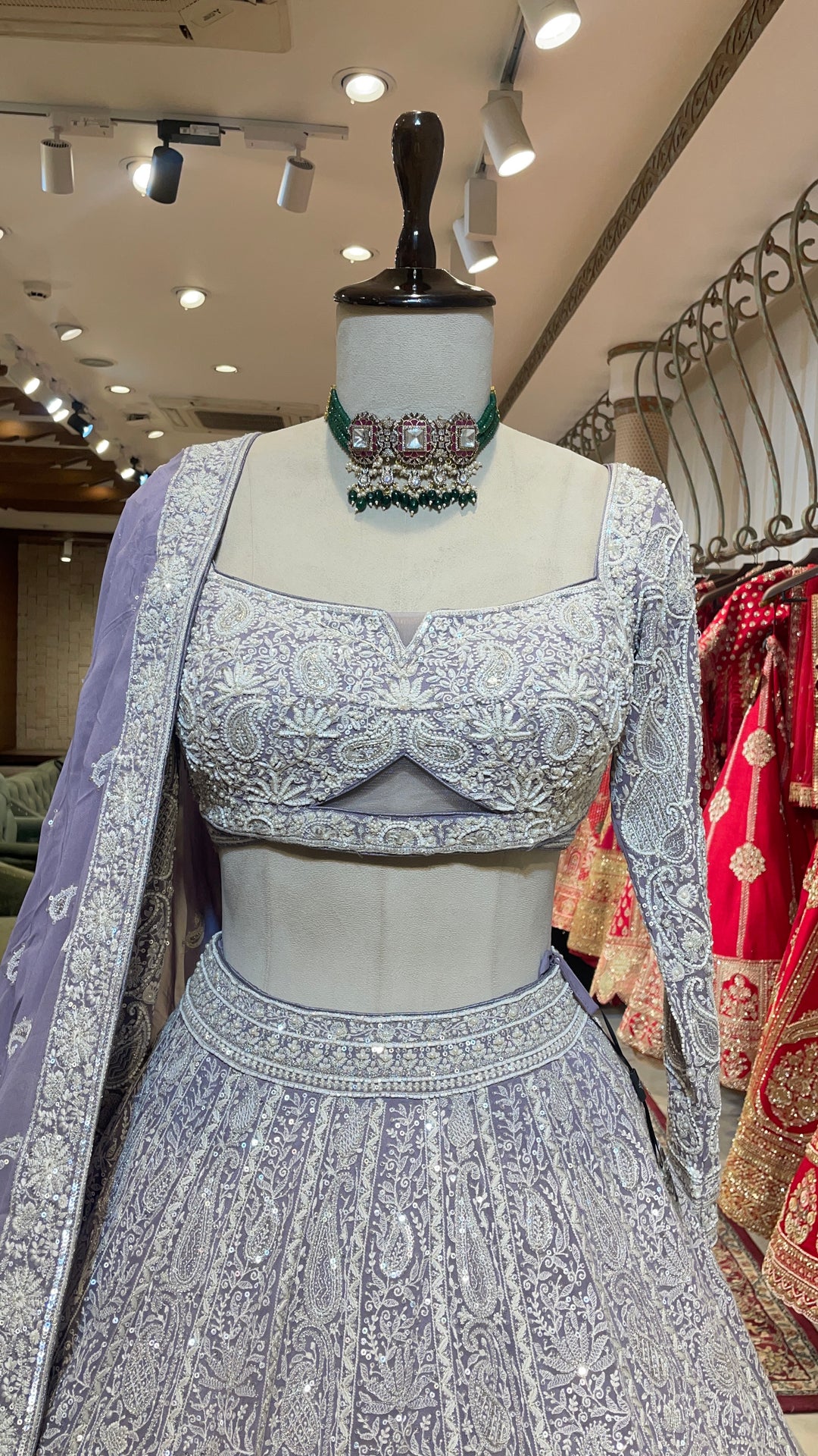 Lavender Georgette chikankari lehenga with paisley buti