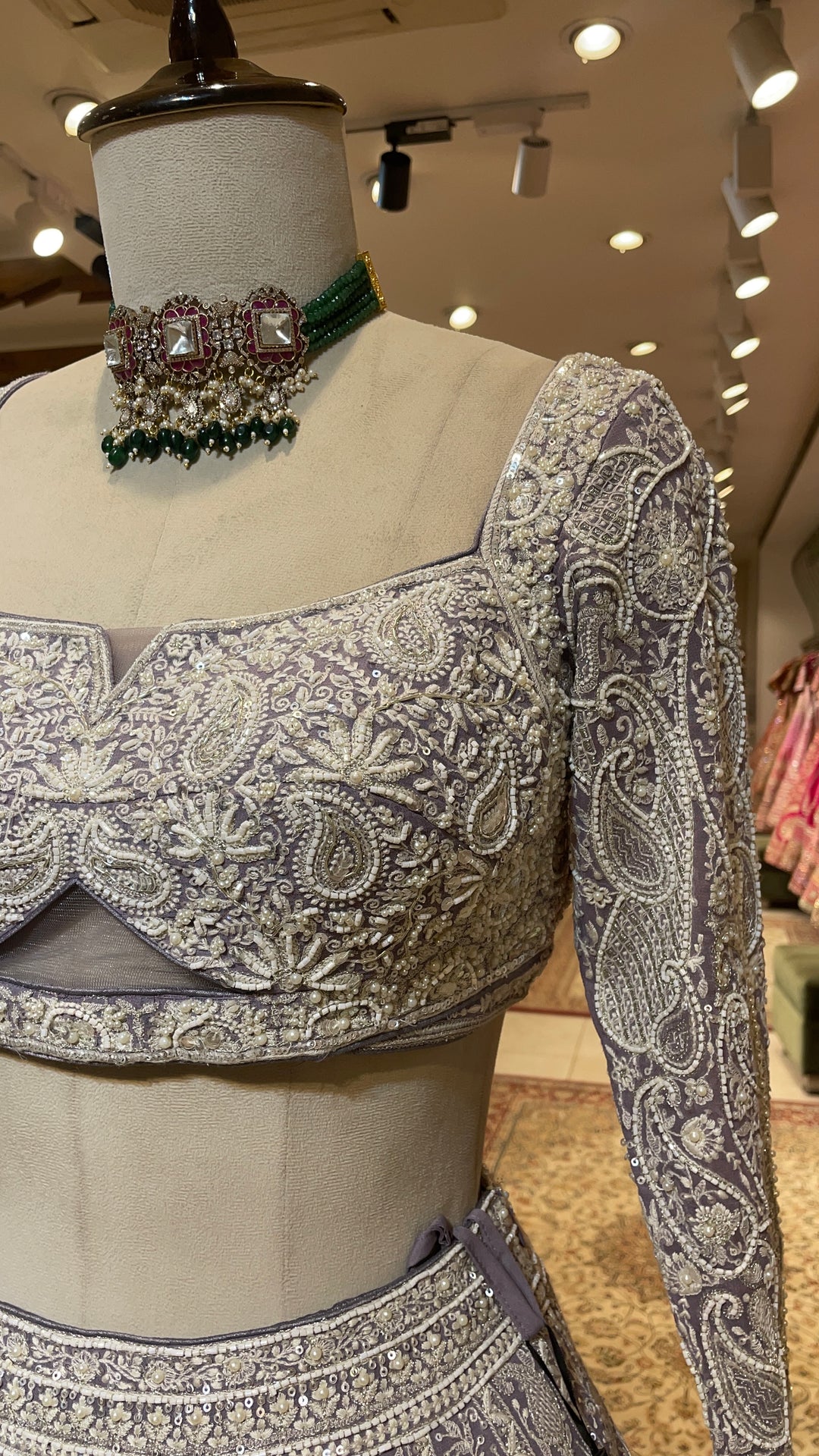 Lavender Georgette chikankari lehenga with paisley buti