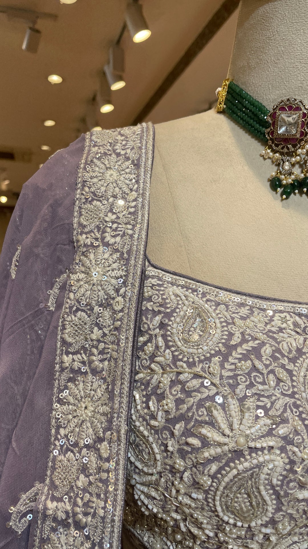 Lavender Georgette chikankari lehenga with paisley buti