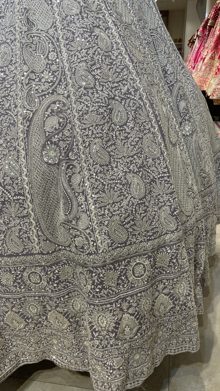 Lavender Georgette chikankari lehenga with paisley buti