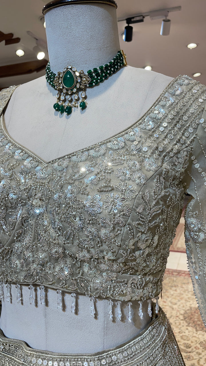 Cream net lehenga with cutdana and floral motifs