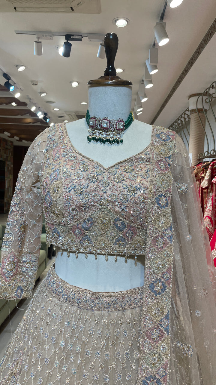 Gold multicolour net lehenga with peacock motifs