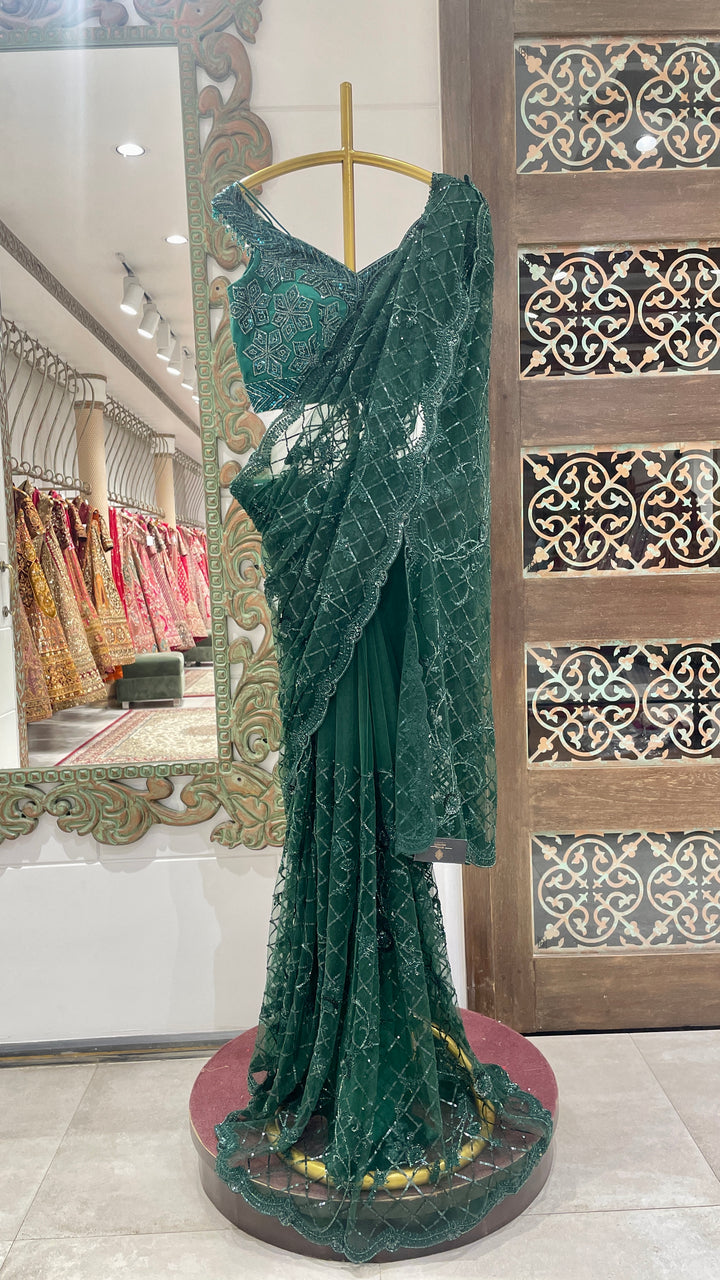 Green net saree with embellishments