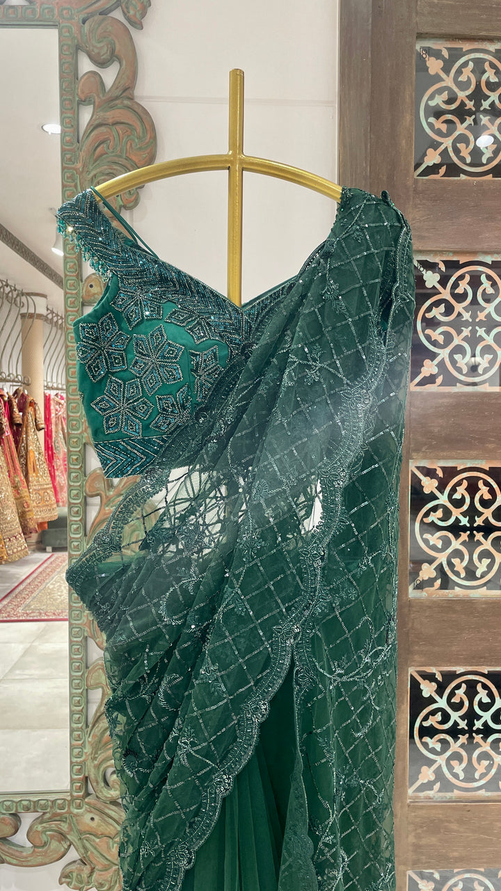 Green net saree with embellishments