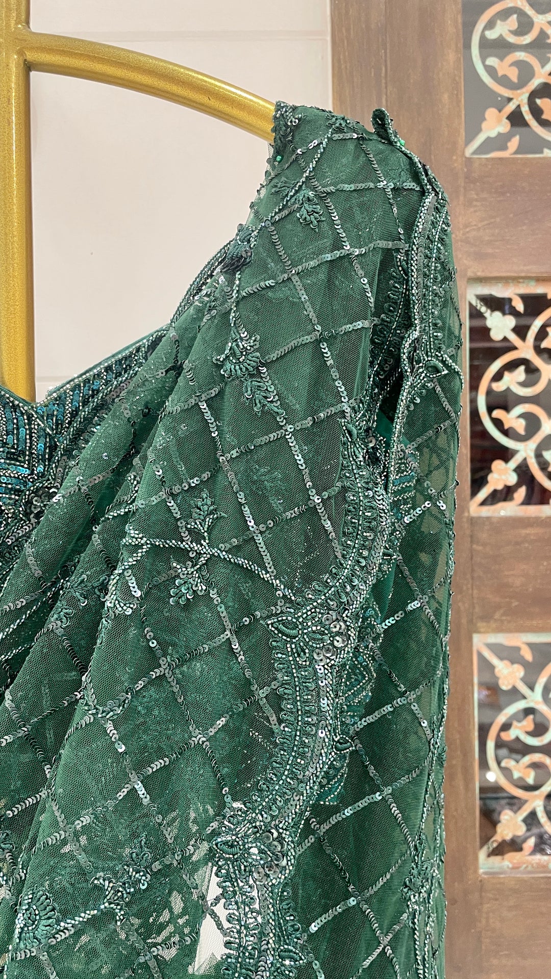 Green net saree with embellishments