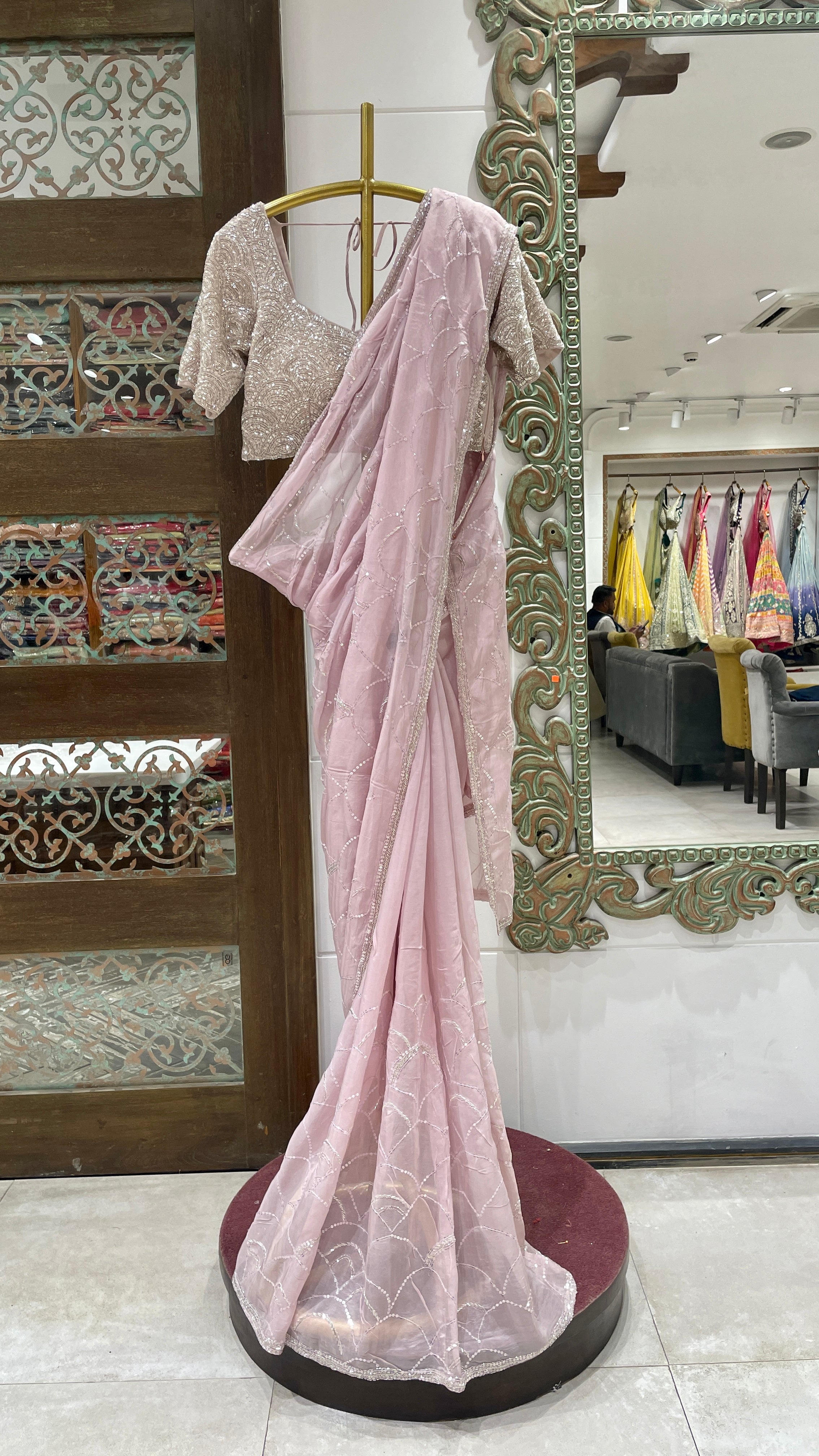 Pink Saree with Golden Embroidery and Sequined Blouse