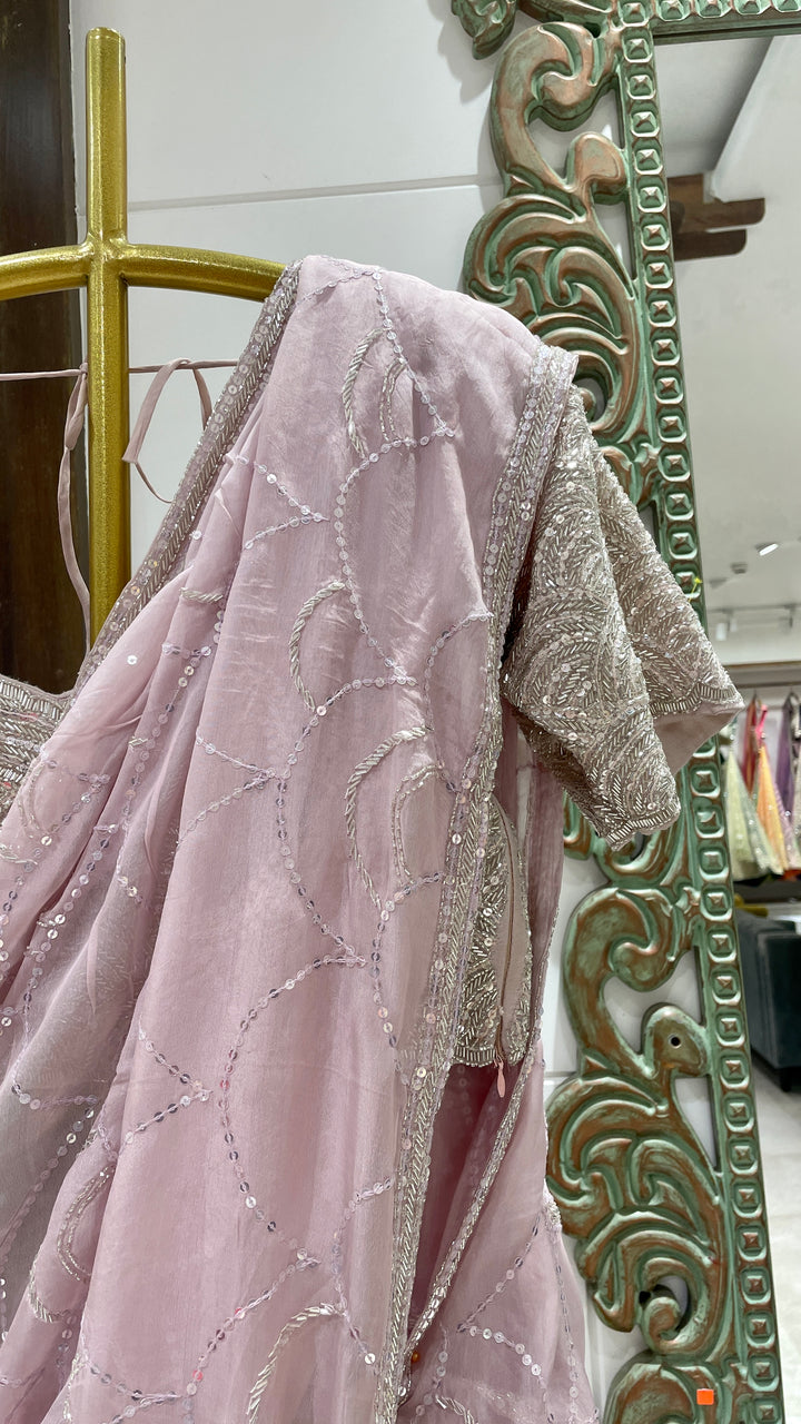 Pastel pink organza saree with sequins embellishments