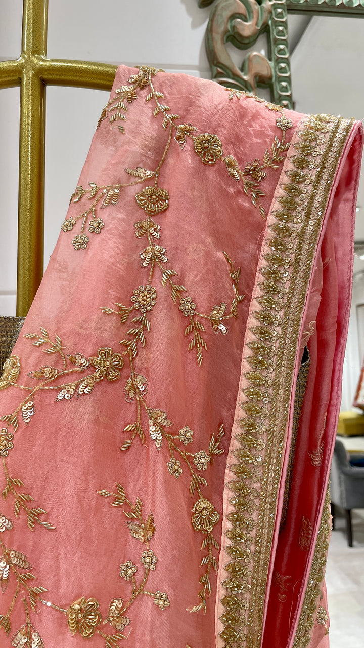 Pink Organza saree with gold embellishment