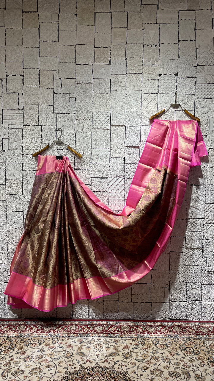 Brown silk kanjvaram saree with pink border