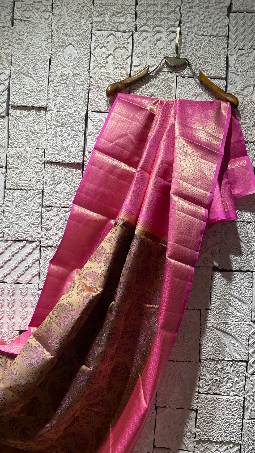 Brown silk kanjvaram saree with pink border