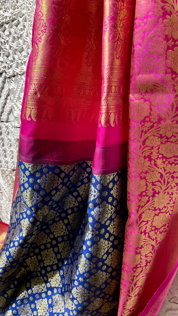 Blue silk kanjivaram saree with pink border