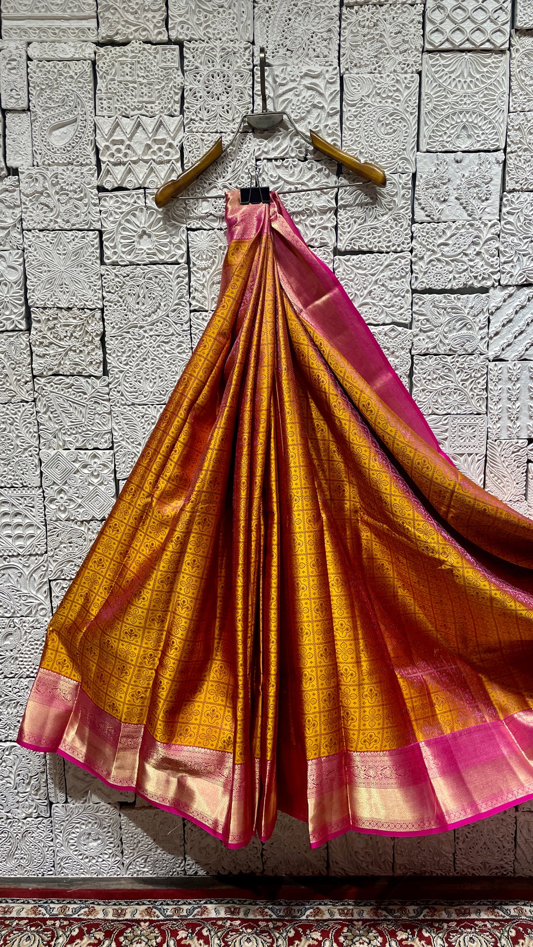 Mustard Silk kanjivaram saree with pink border