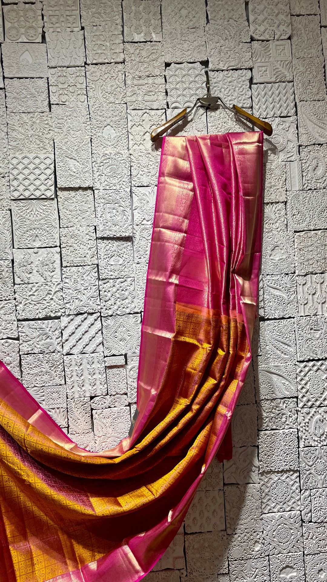 Mustard Silk kanjivaram saree with pink border