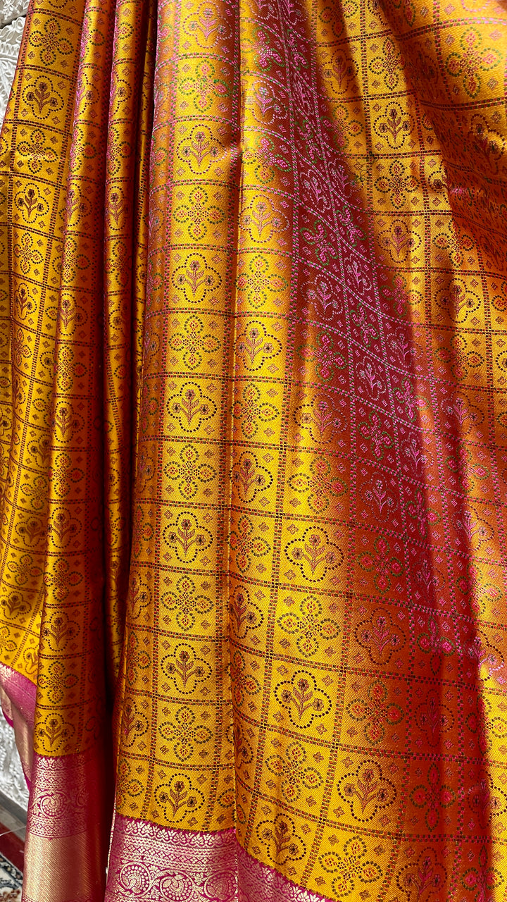 Mustard Silk kanjivaram saree with pink border