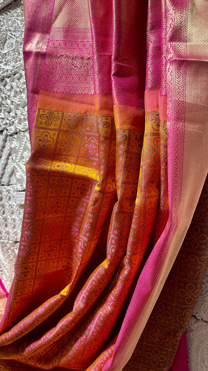 Mustard Silk kanjivaram saree with pink border