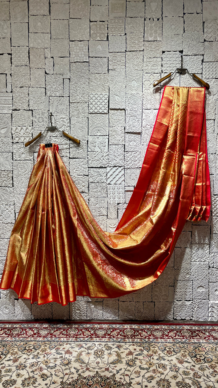 Mustard Silk kanjivaram saree with pink border