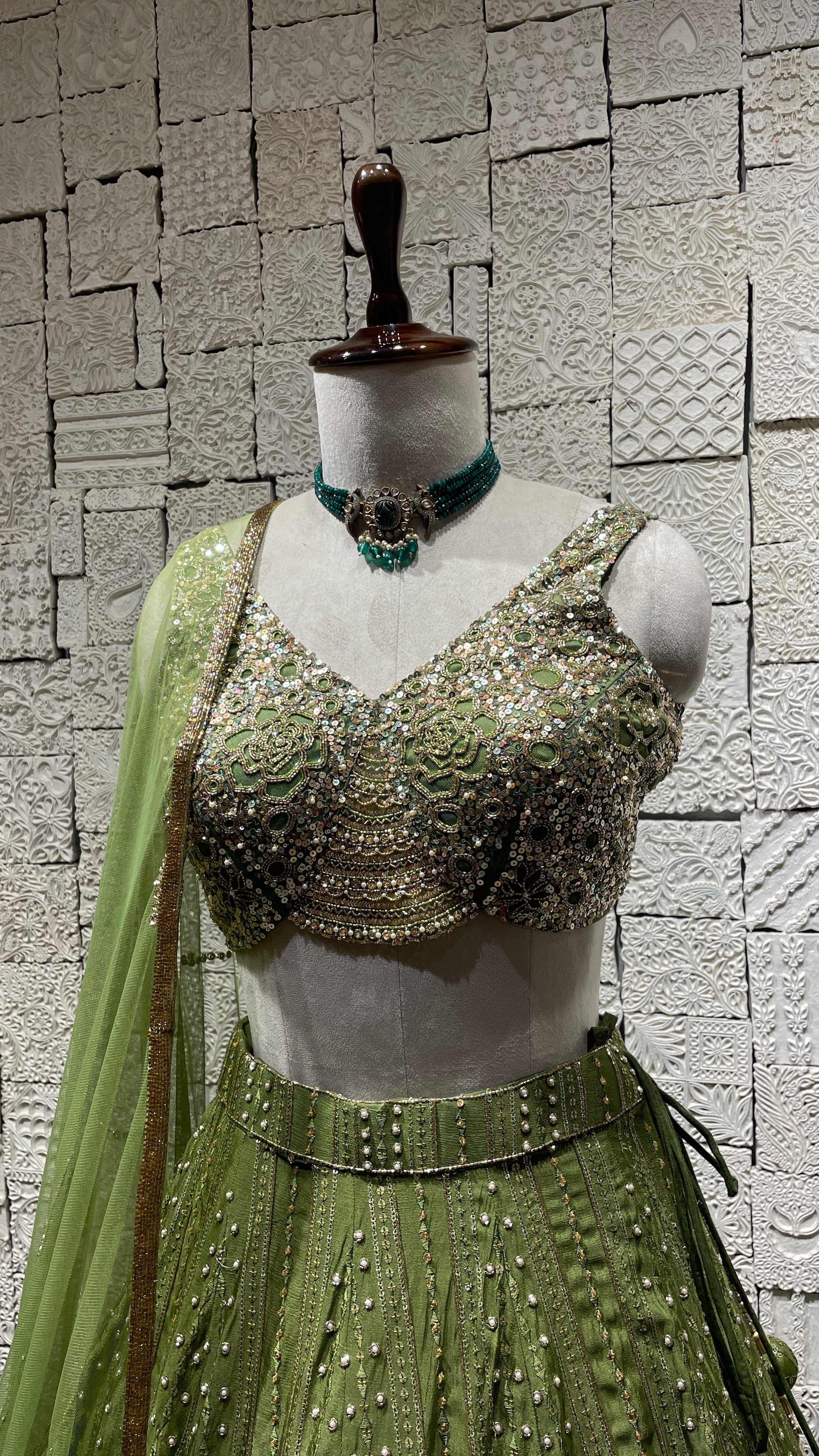 Green Chinon Lehenga with embellishments