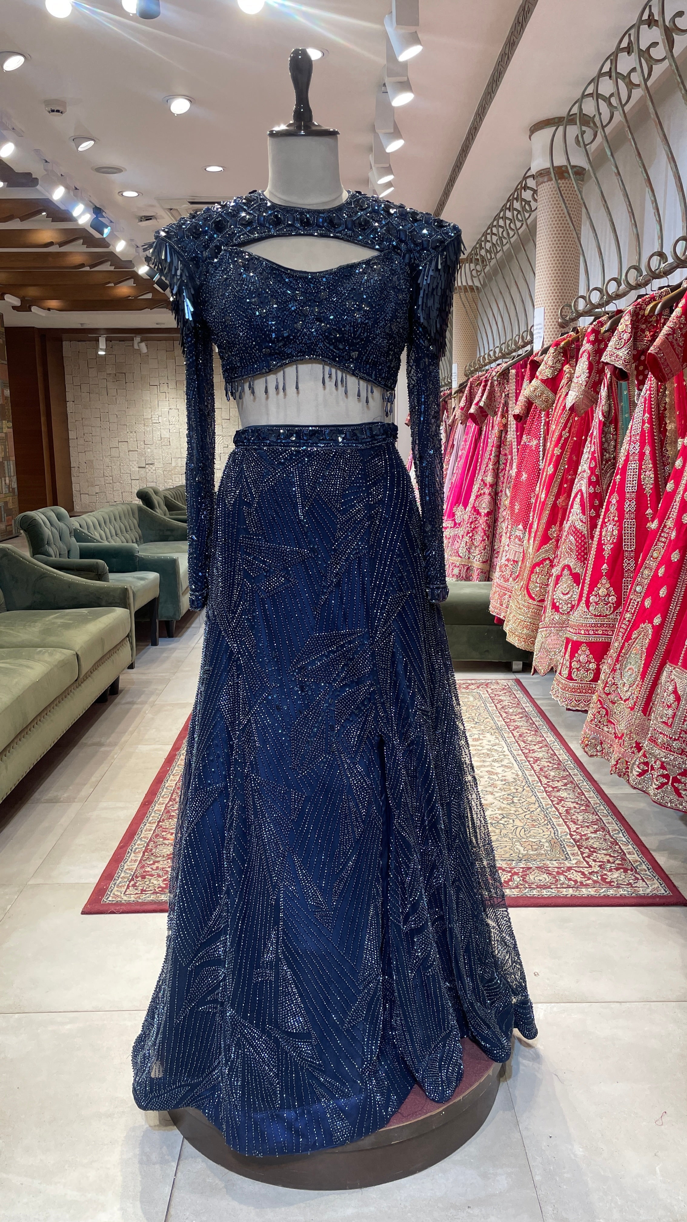 Royal blue net slit lehenga