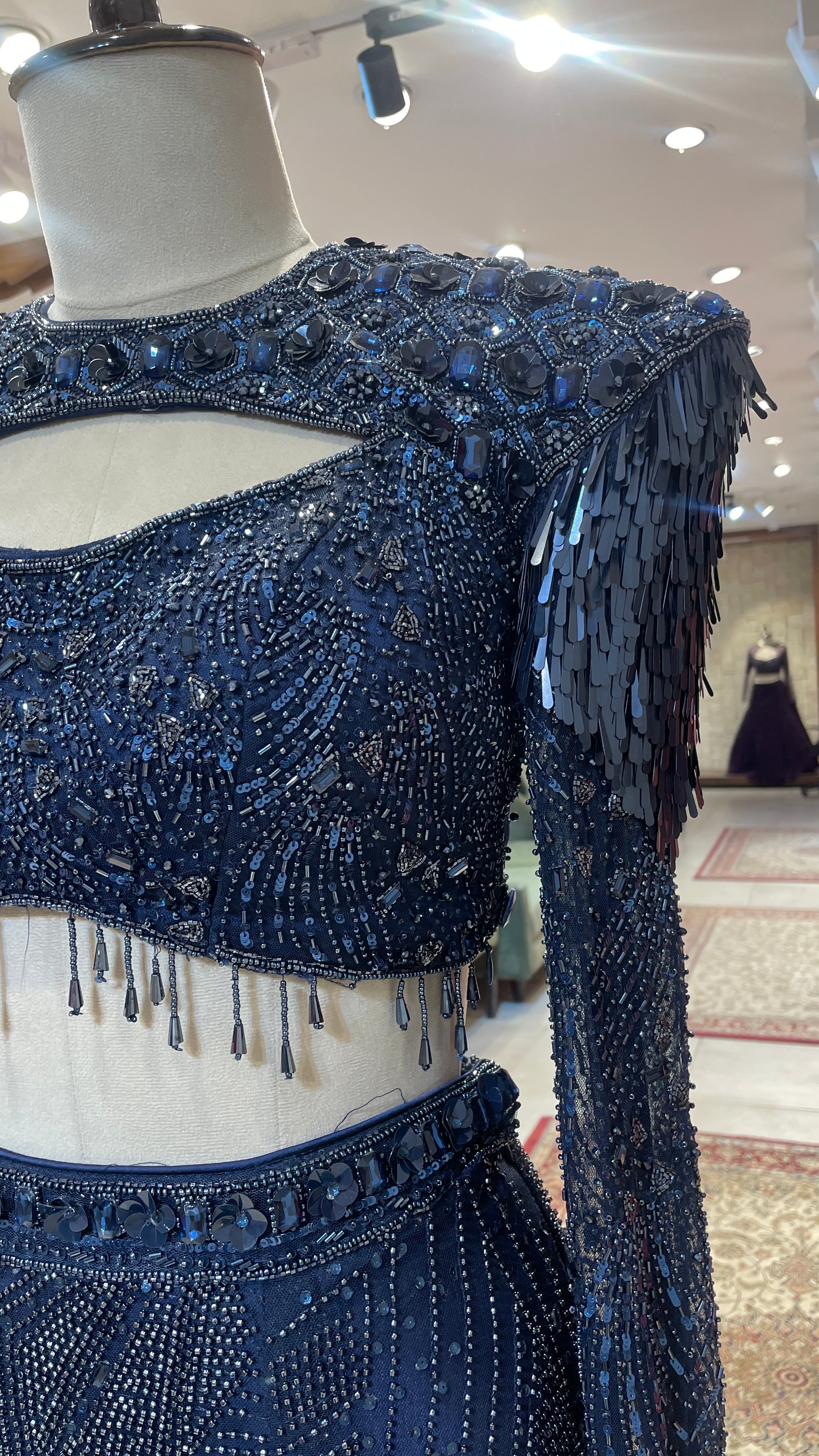 Royal blue net slit lehenga