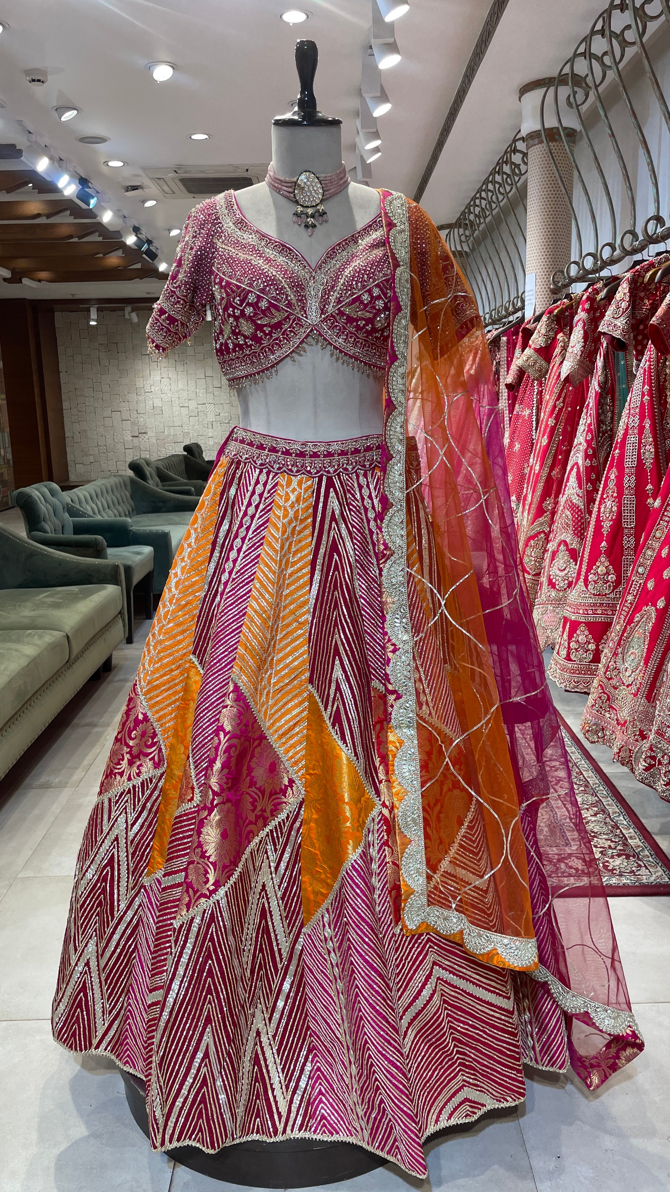 Silk multicoloured lehenga with Banarsi work and Gota Patti highlights