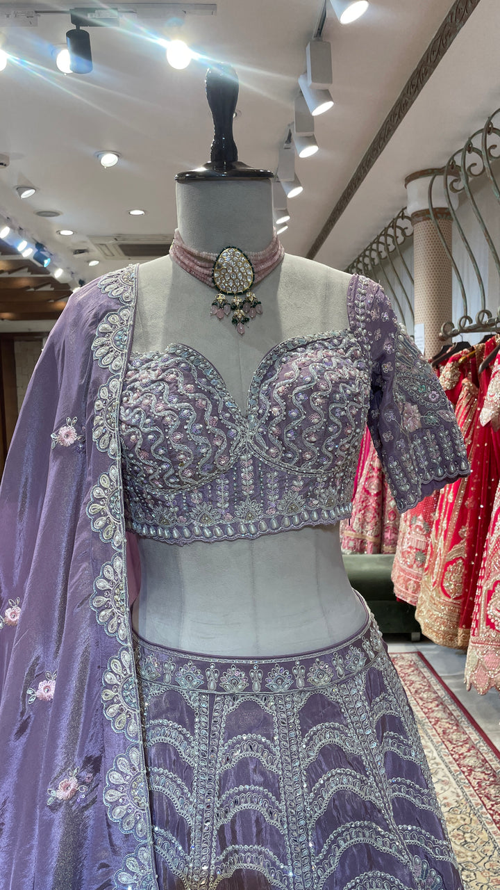 Lavender tissue lehenga with sequins & pearl embellishments