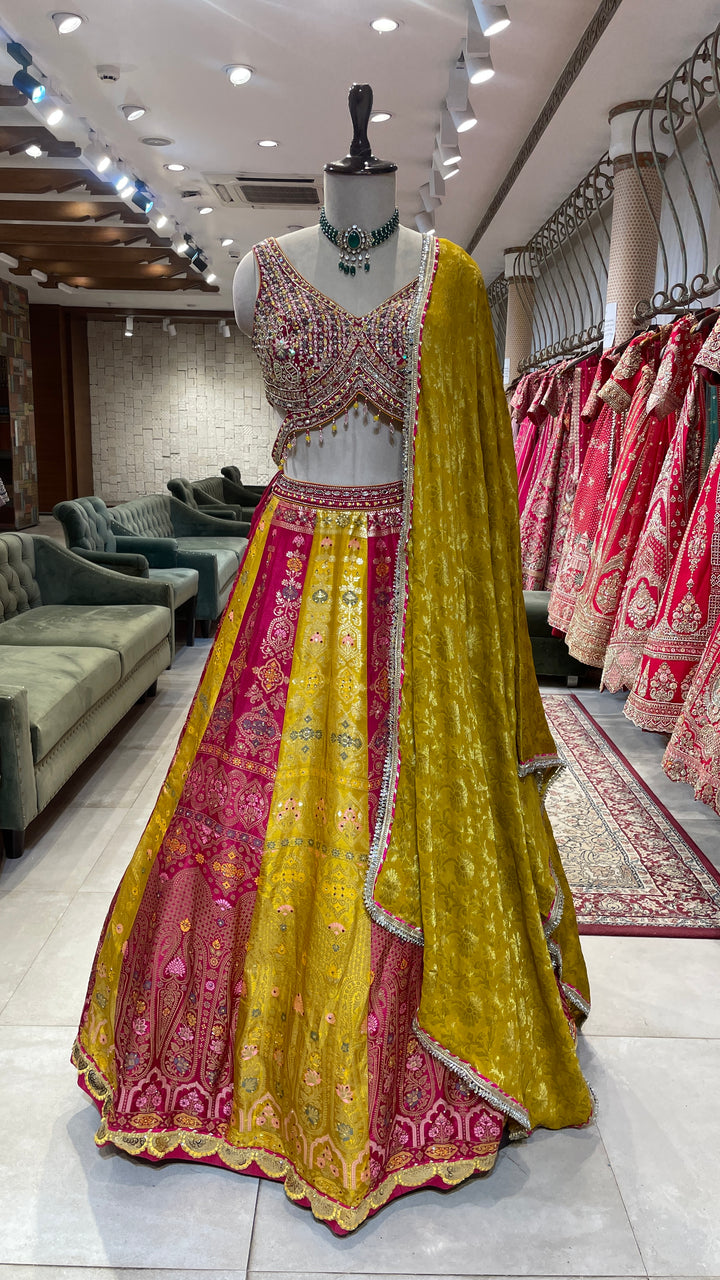 Multicolour silk Banarsi lehenga with heavy mirrorwork blouse