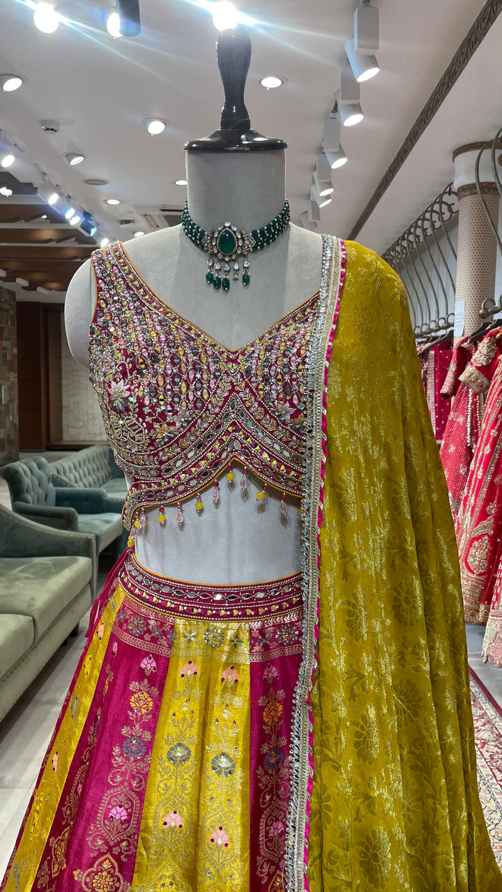 Multicolour silk Banarsi lehenga with heavy mirrorwork blouse