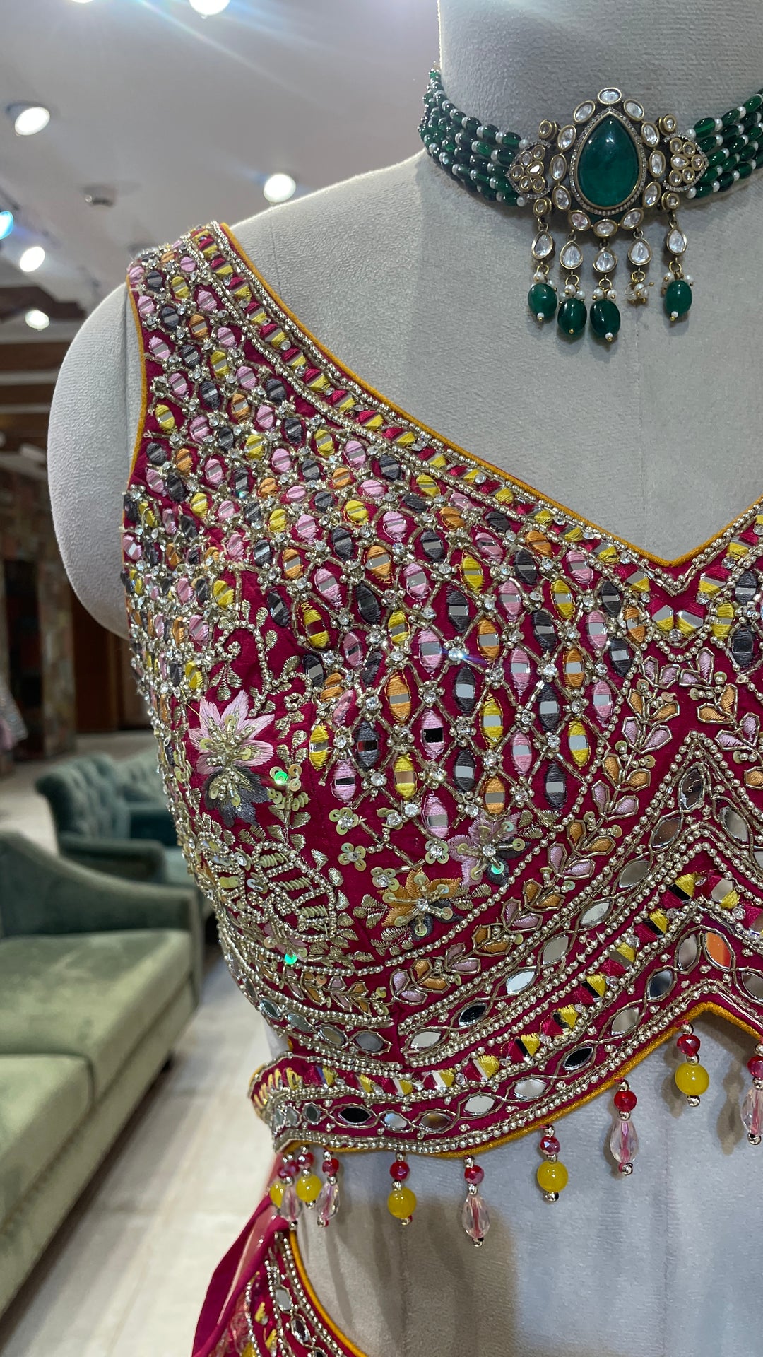 Multicolour silk Banarsi lehenga with heavy mirrorwork blouse