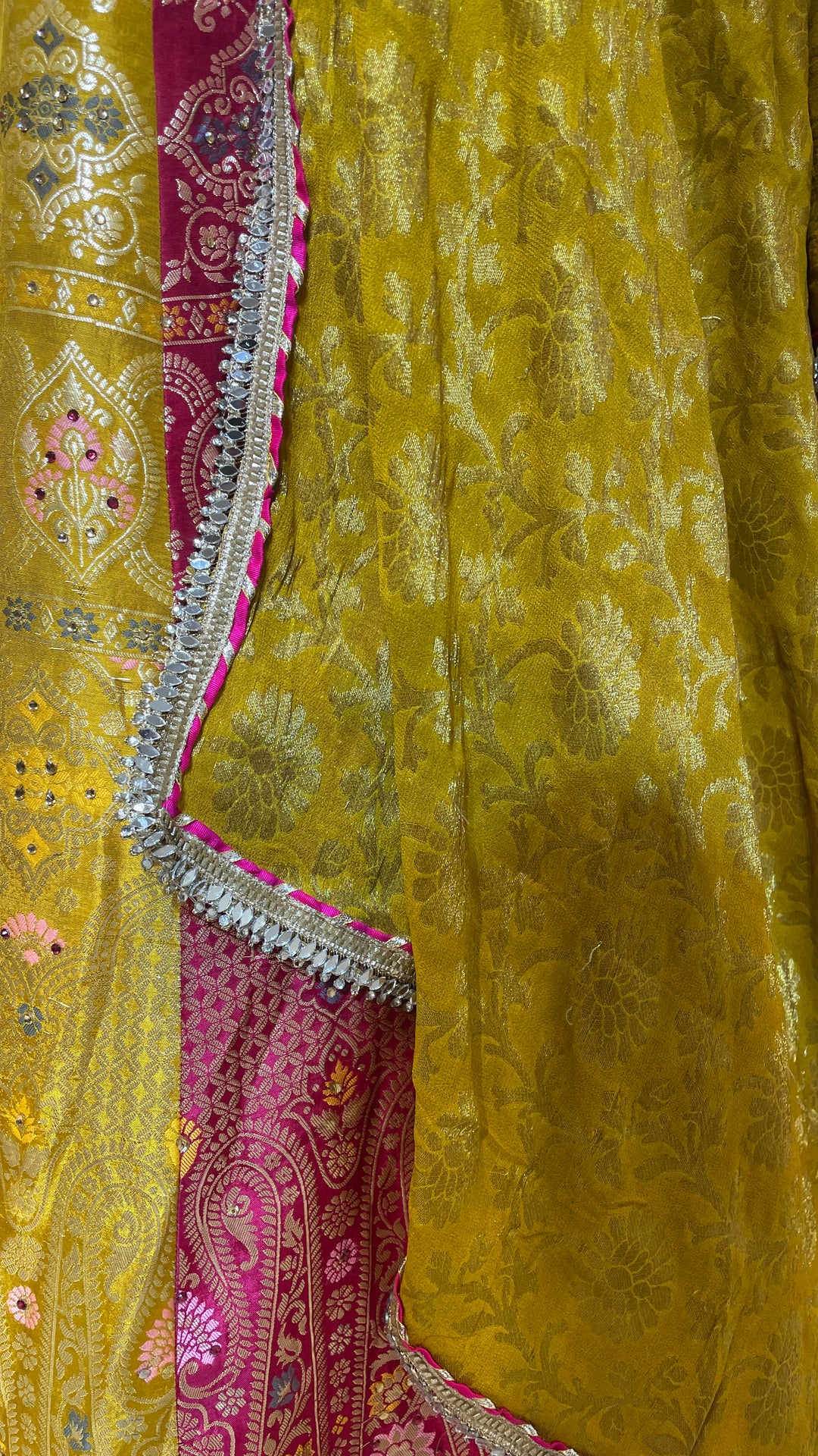 Multicolour silk Banarsi lehenga with heavy mirrorwork blouse