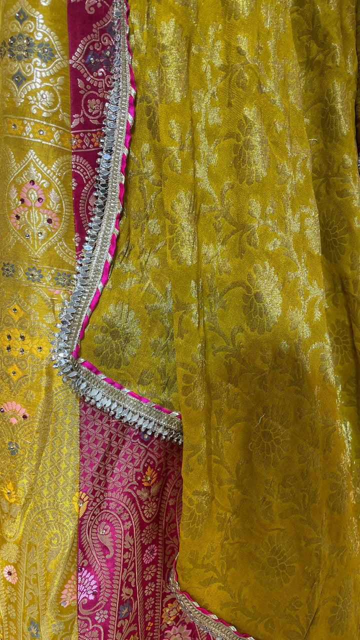 Multicolour silk Banarsi lehenga with heavy mirrorwork blouse