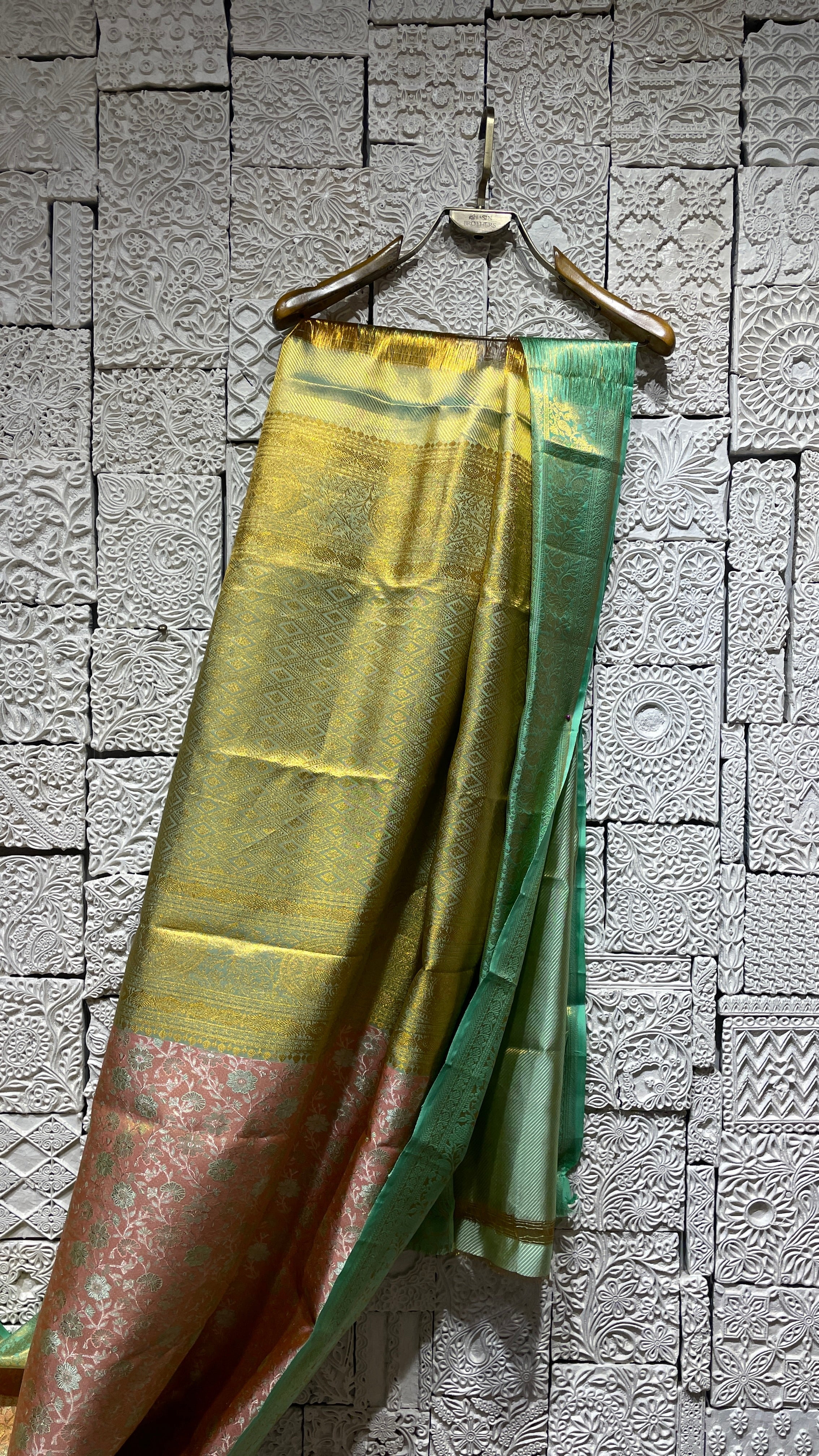 Green and Yellow Kanjivaram Silk Saree with Pink Zari Pallu