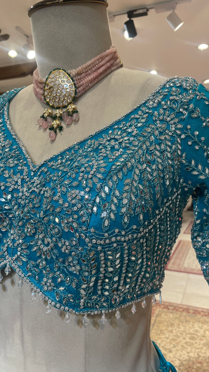 Blue net lehenga with mirrorwork