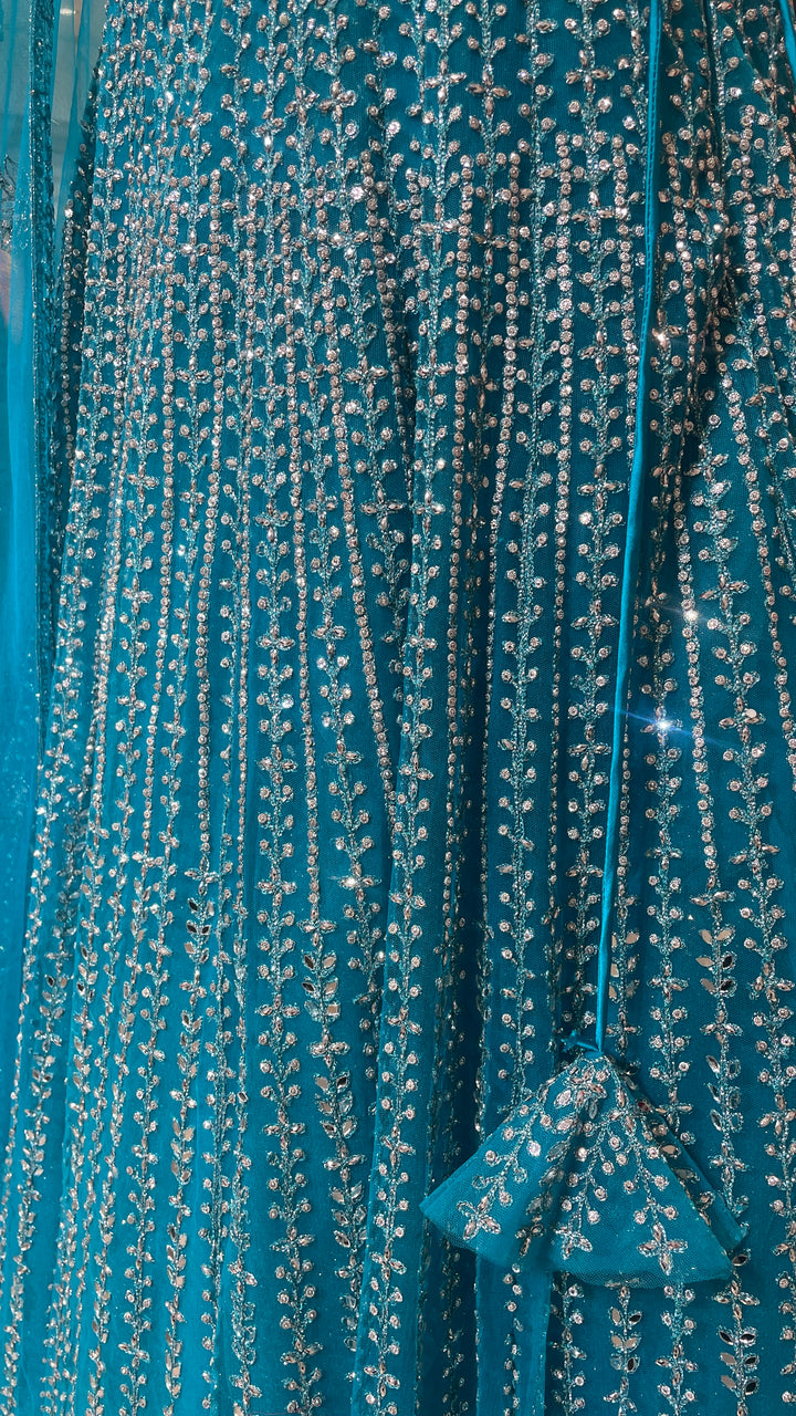 Blue net lehenga with mirrorwork