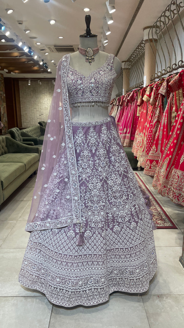 Lavender net lehenga with sequins cutdana and threadwork