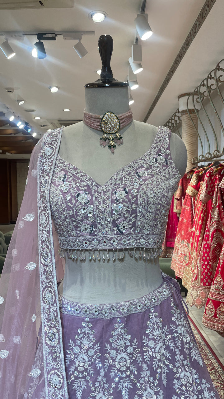 Lavender net lehenga with sequins cutdana and threadwork