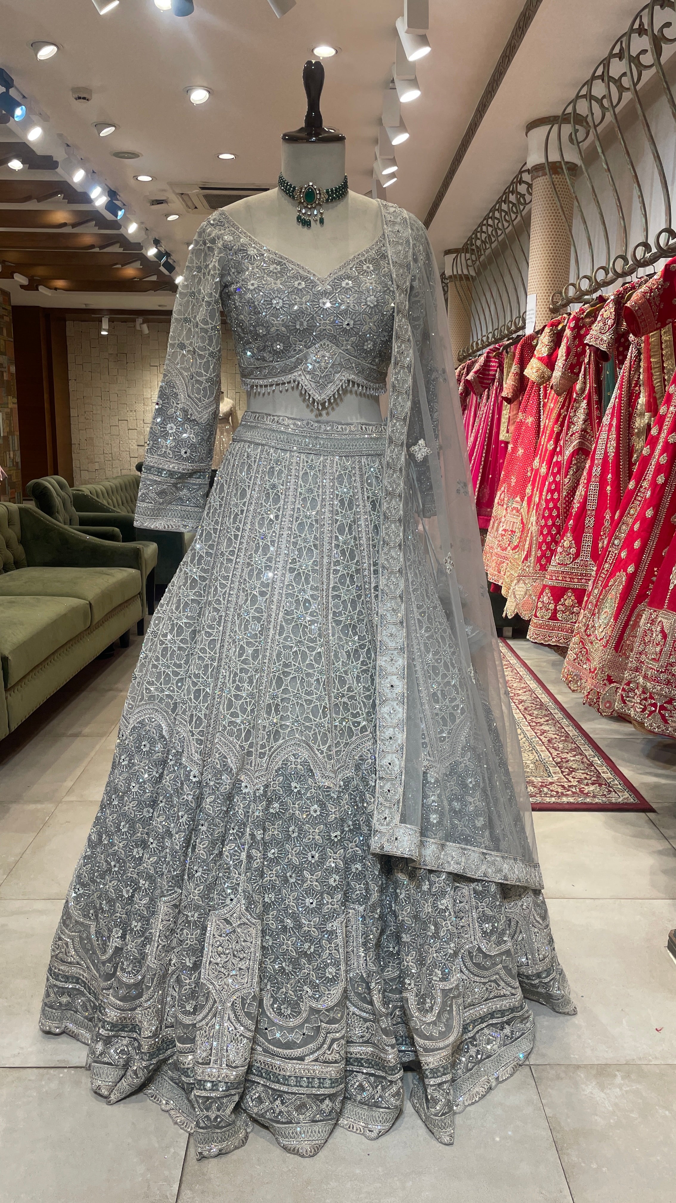 Grey net lehenga with sequin embellishments
