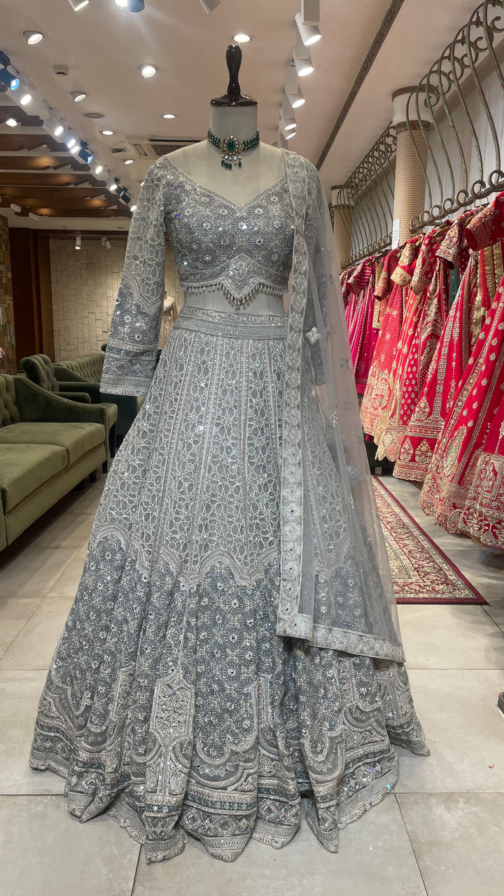 Grey net lehenga with sequin embellishments