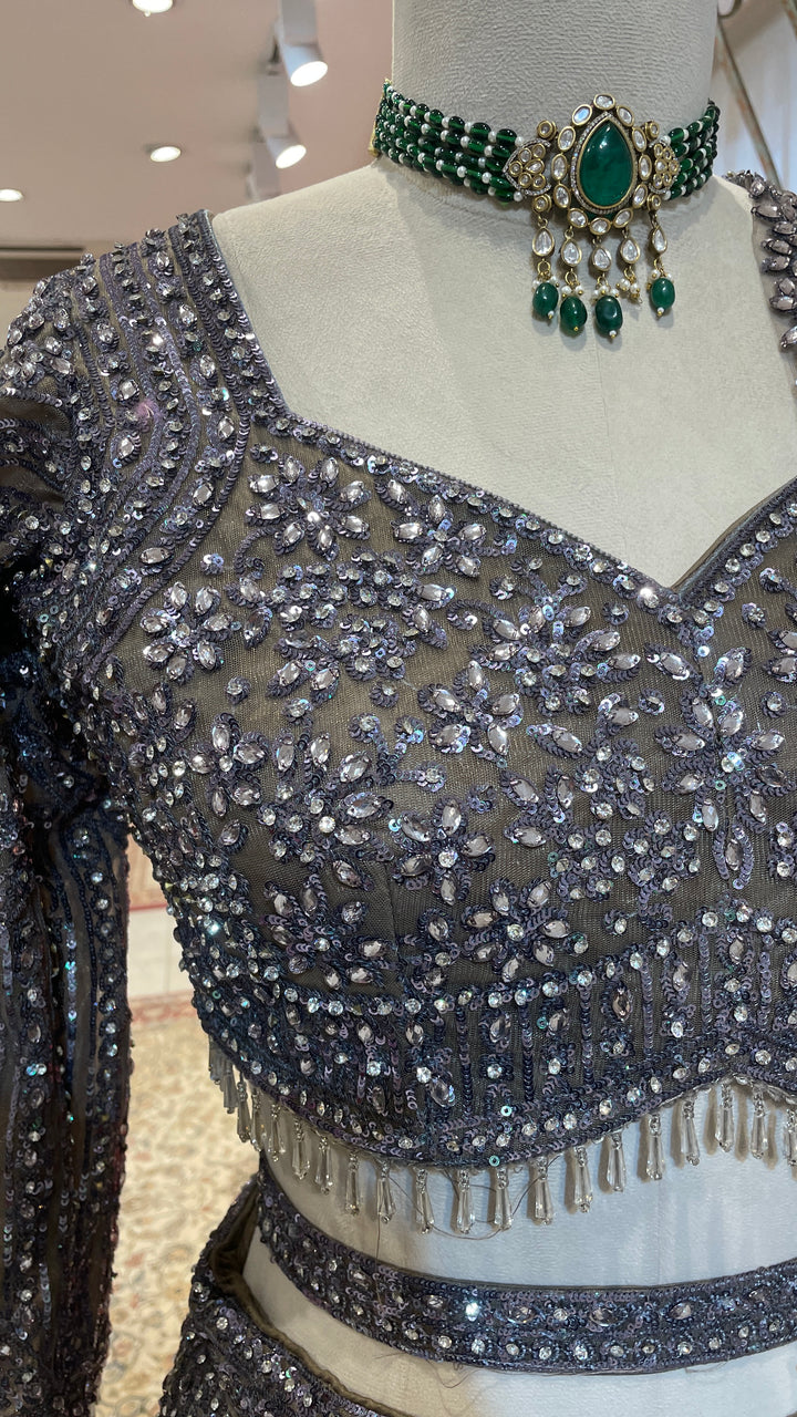 Silver net lehenga with sequins and bead embellishments