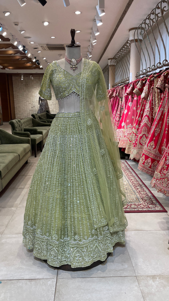 Pastel green net lehenga with silver embellishments