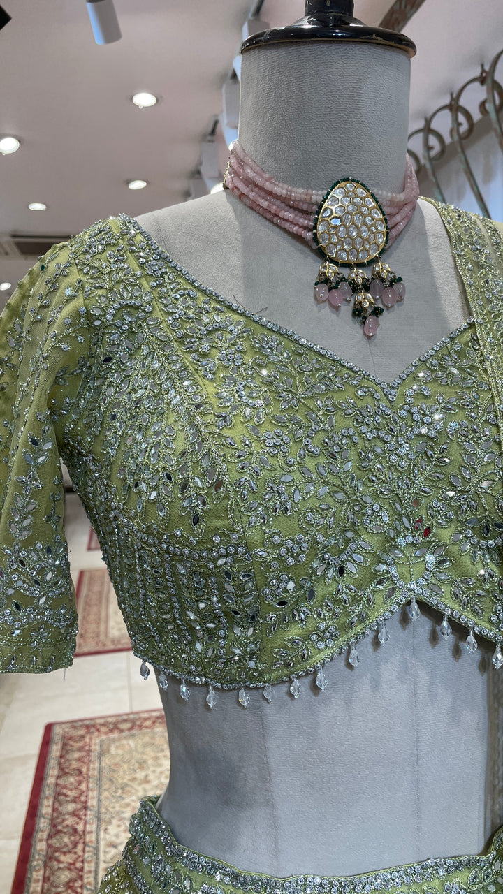 Pastel green net lehenga with silver embellishments