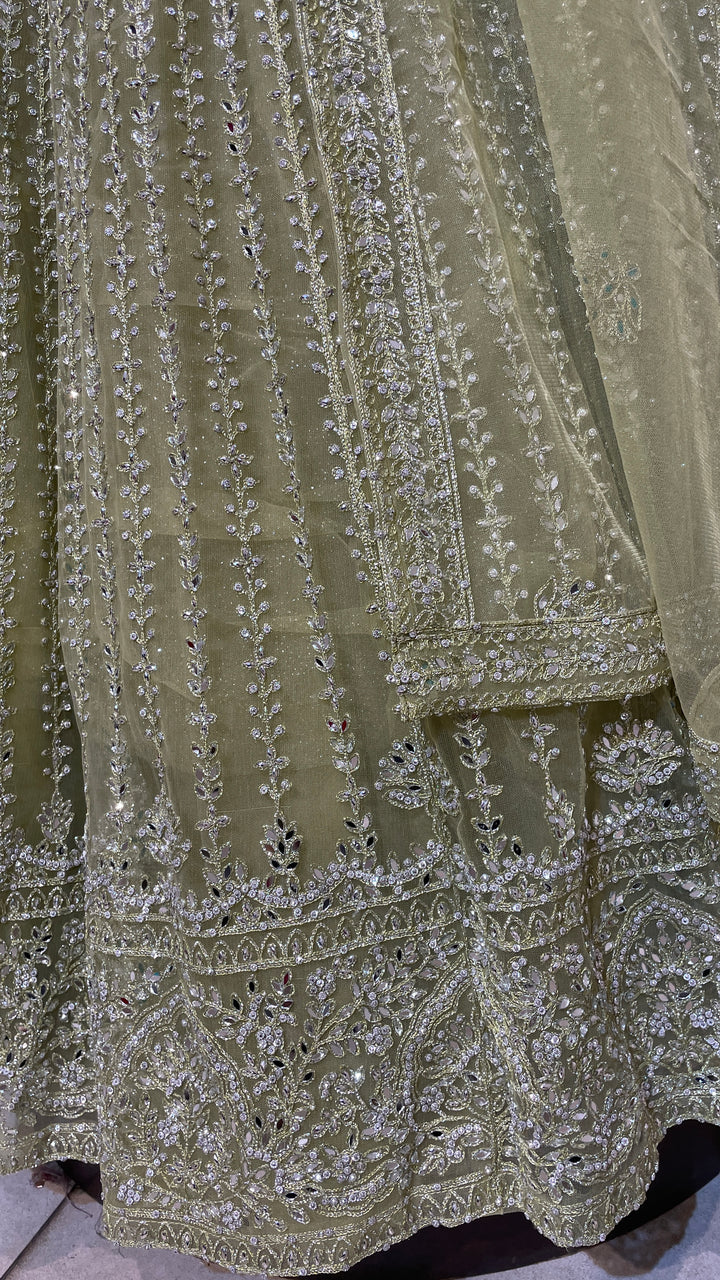 Pastel green net lehenga with silver embellishments